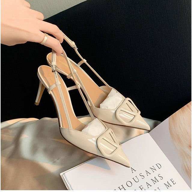 2025 Cowhide version~ Grape mother same shoes versatile temperament pointed V buckle high heels women patent leather rear empty heel sandals women