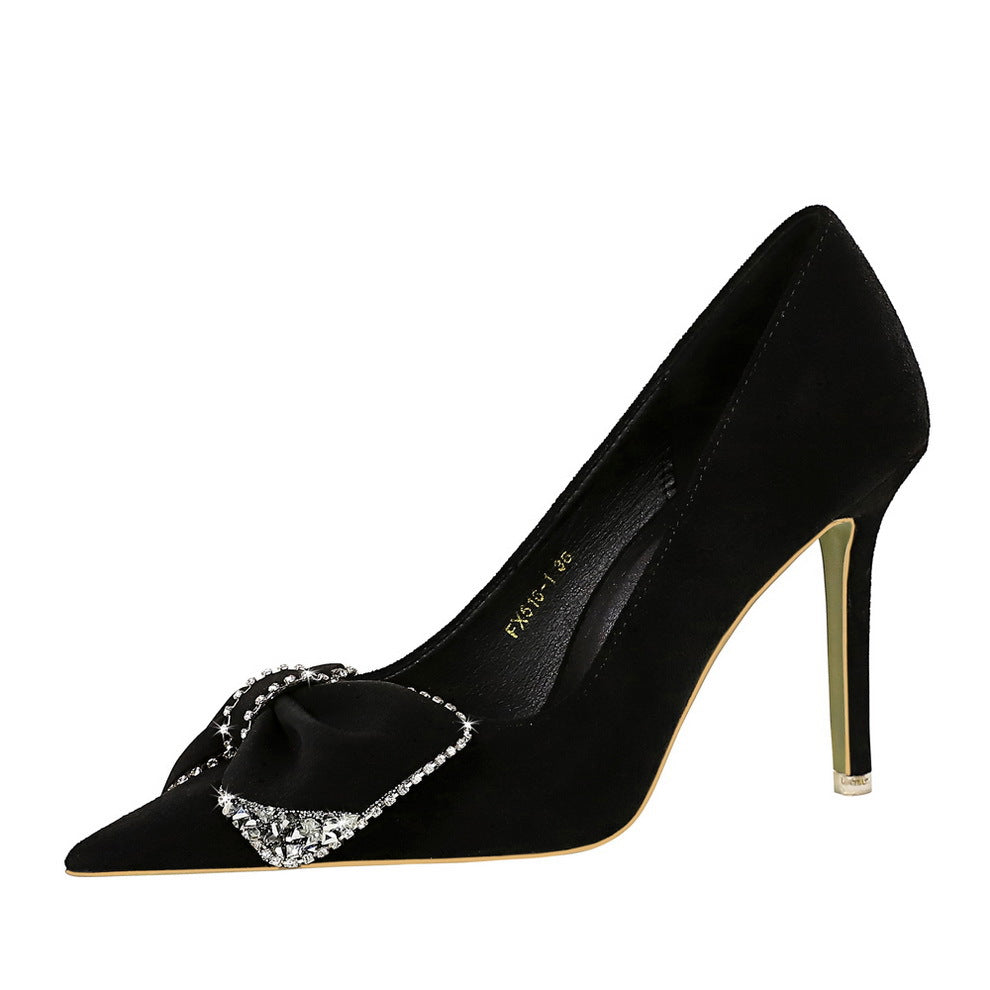 2025 516-H31 Korean version of fashion banquet high heels stiletto women's shoes suede shallow mouth pointed rhinestone bow single shoes