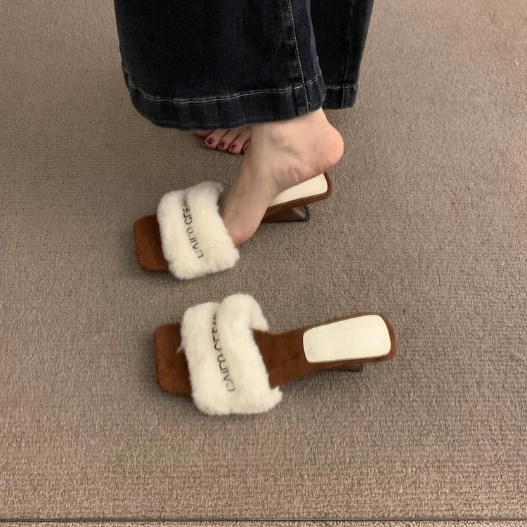 2025 Small height-increasing fairy wind fluffy slippers women wear popular new gentle wind warm velvet cotton slippers