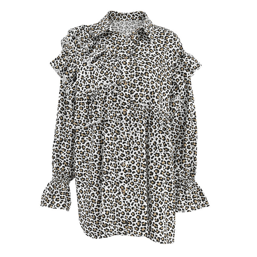 XAKXX Spring and summer sexy design leopard print cotton and linen loose shirt 2025 classic ruffle edge casual shirt women's clothing