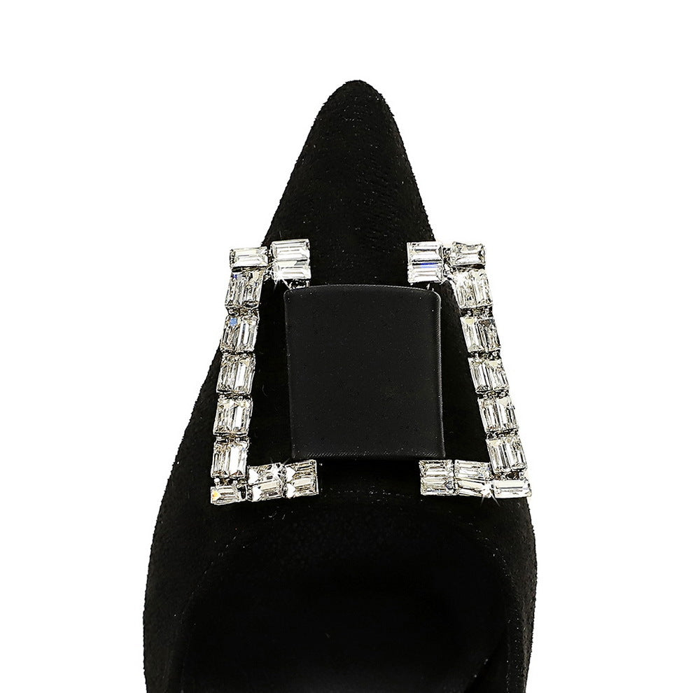 2025 516-K73 Spring and Autumn Banquet High Heel Shoes Thin Heel Suede Shallow Mouth Pointed Metal Rhinestone Buckle Single Shoes Women's Shoes