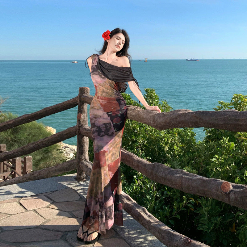 2025 New Chinese one-word shoulder mesh floral dress women's high-end sexy seaside vacation beach hip-wrapped long skirt