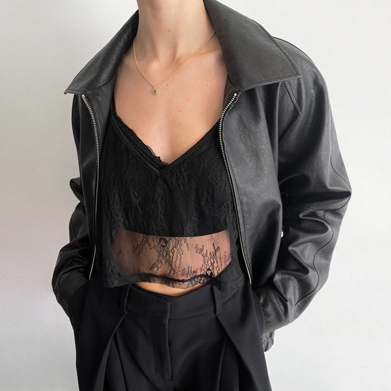 XAKXX 2025 sexy perspective black suspender small vest women's 2025 early spring pure desire loose short Spice Girl top women's clothing