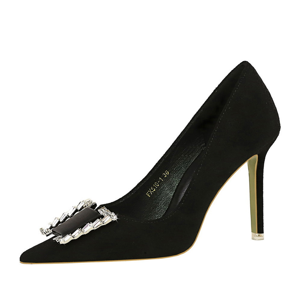 2025 516-K73 Spring and Autumn Banquet High Heel Shoes Thin Heel Suede Shallow Mouth Pointed Metal Rhinestone Buckle Single Shoes Women's Shoes