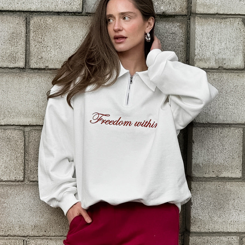 XAKXX Casual Autumn Fashion Embroidery Classic White Lapel Loose Knitted American Sweater Spice Girl Versatile Top Women's Clothing