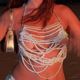 2025 Q5061Y New sexy beach metal chain with pearl chain neck top vest body chain waist chain