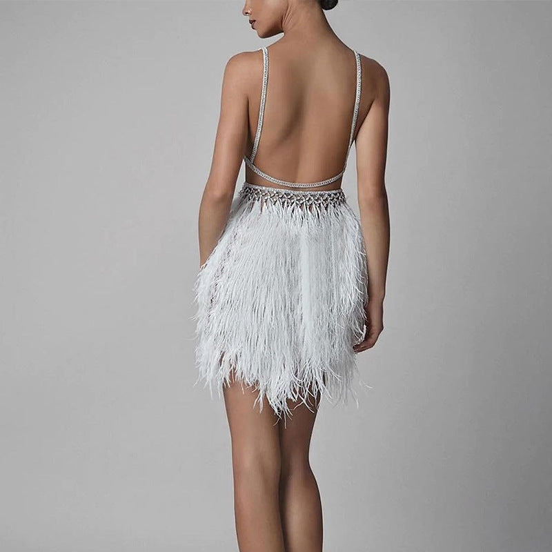 INS autumn and winter new 2025 Popular trade suspender V-neck feather dress sexy women's banquet evening dress
