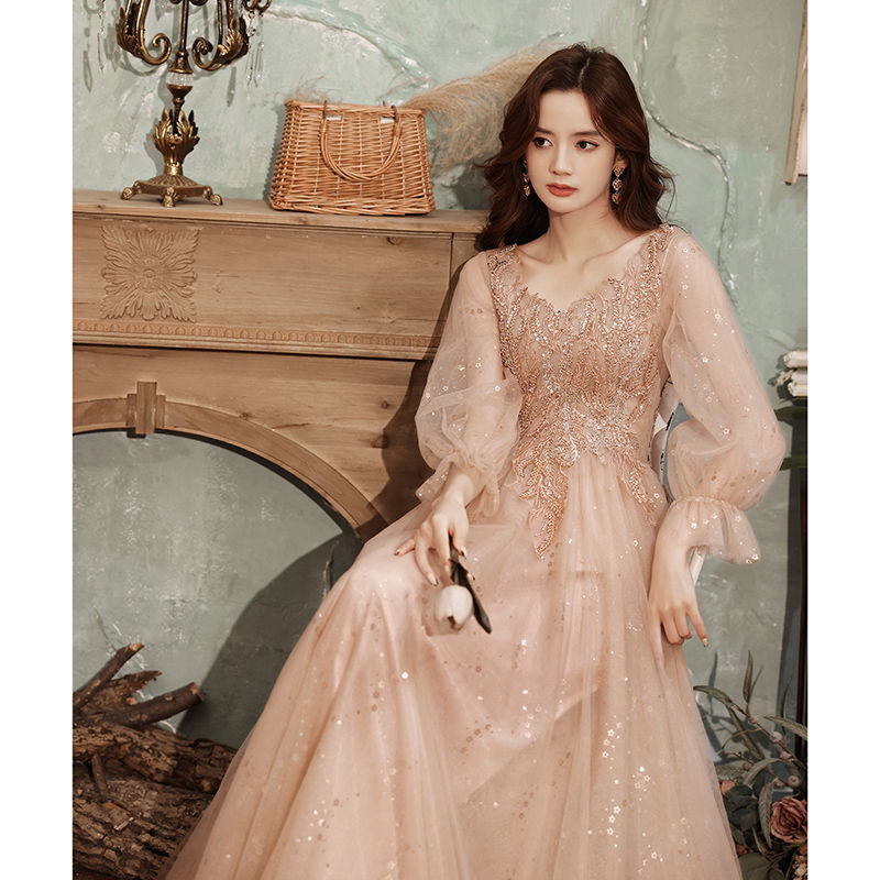 Fairy Dress 2025 New Spring Host Dignified Atmospheric Dress Long Sleeve V-Neck Banquet Evening Dress