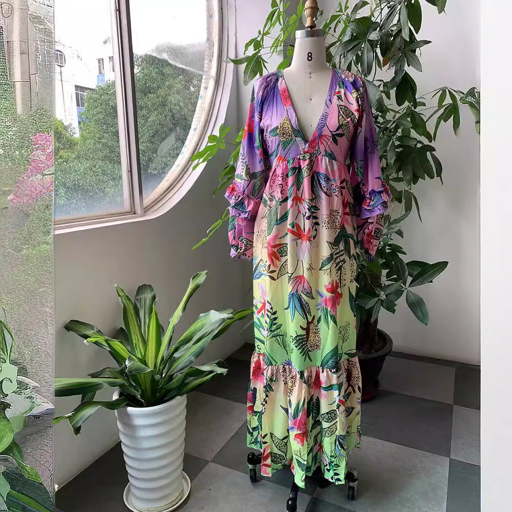 2025 New summer new 2025 women's clothing printing gradual change color dress ruffle V-neck sexy and thin dress