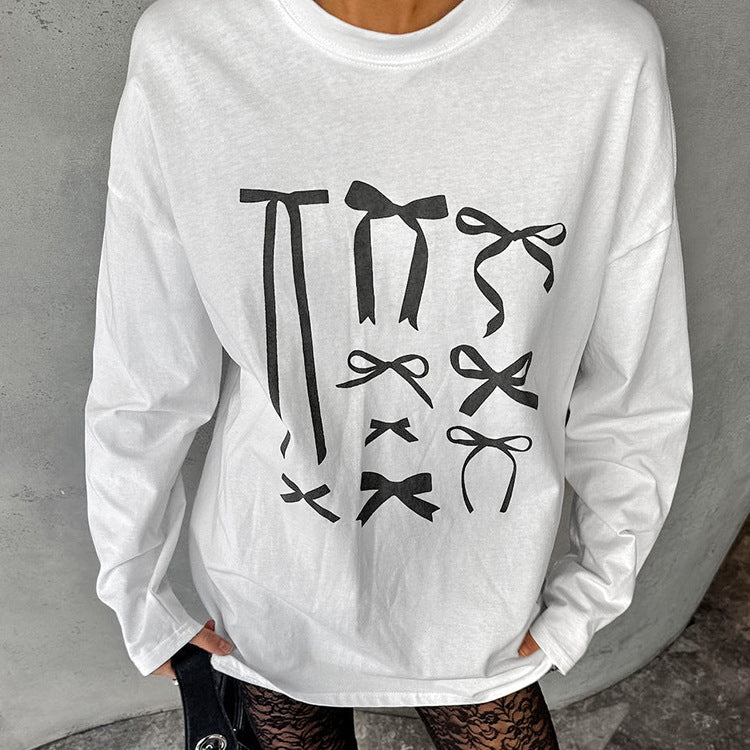 XAKXX 2025Crew neck loose pullover bow graffiti printing casual T-shirt popular 2025 autumn and winter fashion new inner women