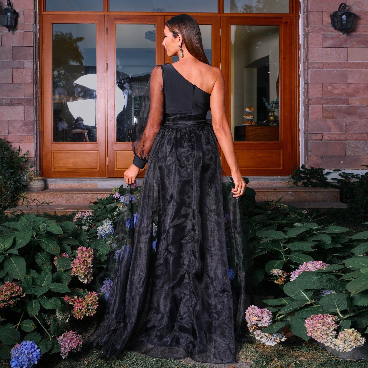 2025 women's clothing long-sleeved temperament black single shoulder slanted collar waist split fork sexy mesh dress evening dress