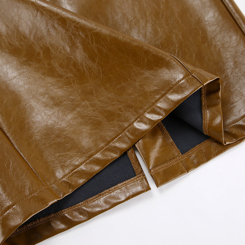 XAKXX 2025Autumn and winter new retro brown high-waisted skirt temperament hip-wrapped pu leather skirt women's popular fashion versatile 2025