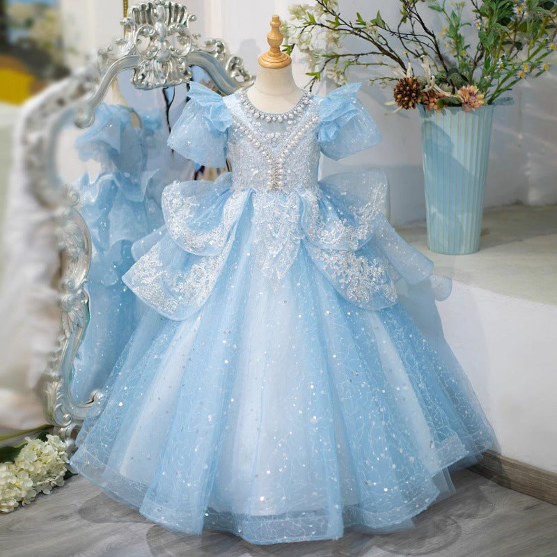 High-End Girl's Blue Evening Dress Summer New Children's Princess Dress Flower Girl Wedding Little Girl Tulle Tutu