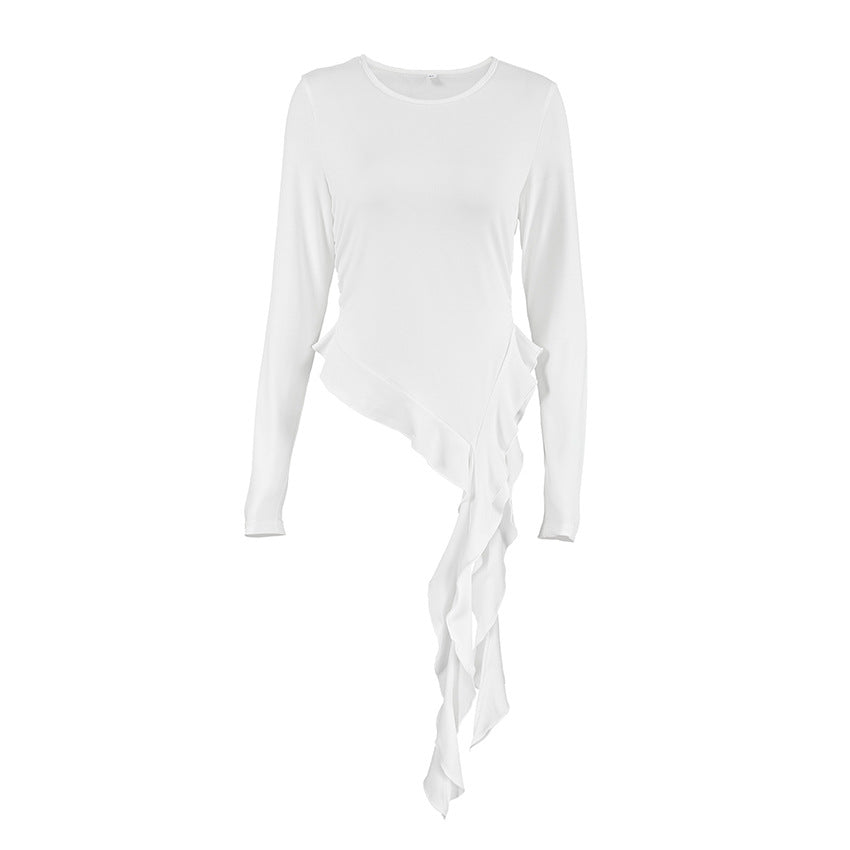 XAKXX 2025 Russian spring and summer irregular sexy design sense white knitted round neck slim and thin women's T-shirt