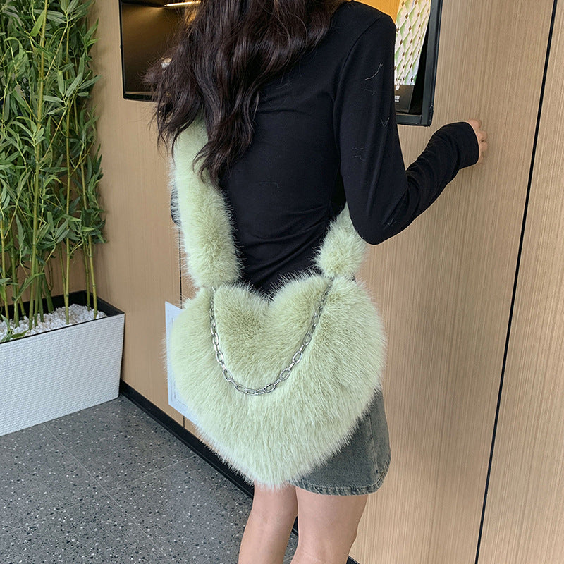 XAKXX 2025 new oblique span love bag imitation fox hair large capacity fashion personalized chain handbag shoulder bag