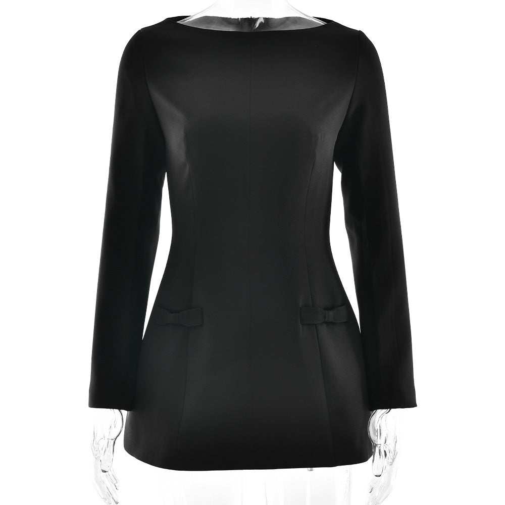 2025 New women's clothing popular autumn and winter new sexy elegant boat collar long-sleeved A-shaped skirt bow dress
