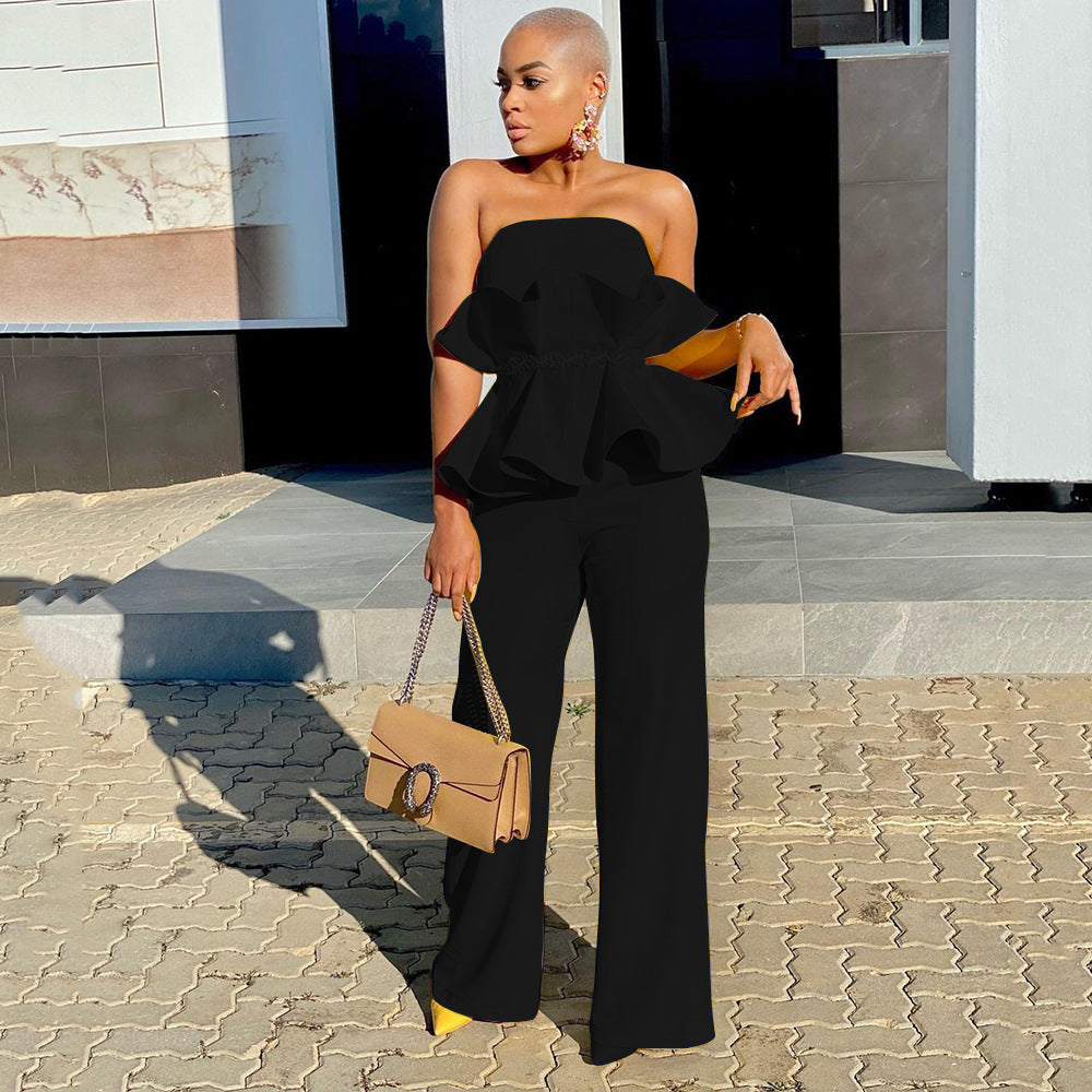 Y9292 2025 New new 2025 solid color tube top elegant wide-leg pants ruffle edge personality and comfort