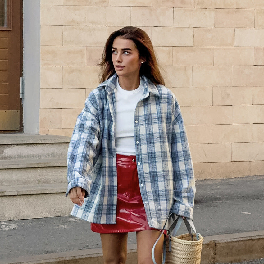 XAKXX Beach casual blue fashion temperament polyester cotton plaid shirt autumn and winter 2025 commuting loose versatile women's clothing