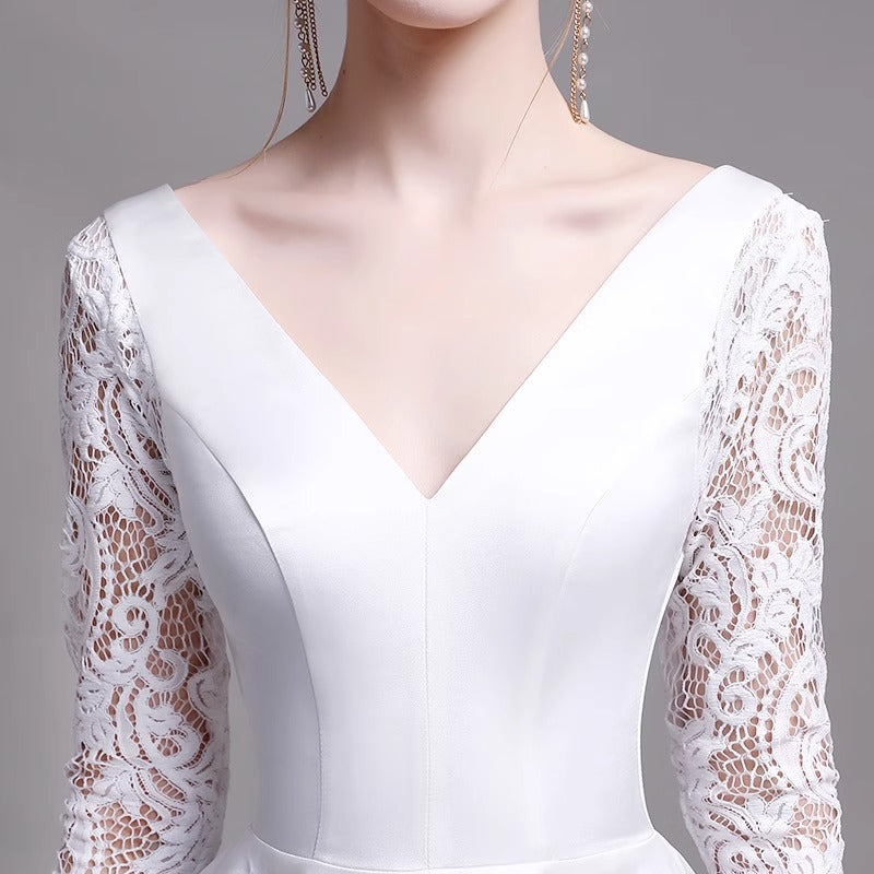 2025 Spring long-sleeved wedding dress light luxury new simple lace flush satin wedding dress white out light yarn welcome dress women