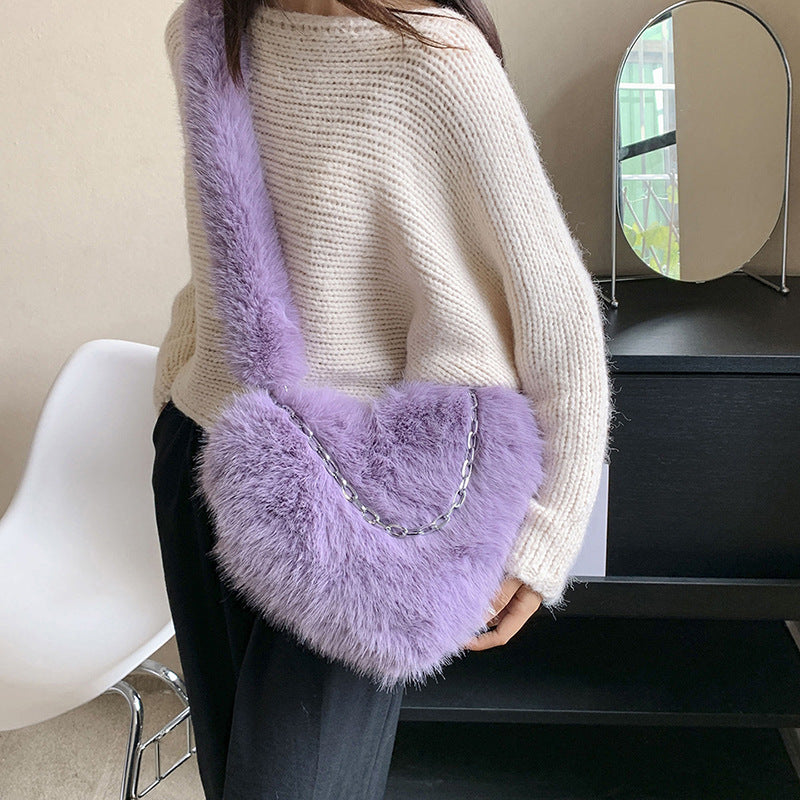 XAKXX 2025 new oblique span love bag imitation fox hair large capacity fashion personalized chain handbag shoulder bag