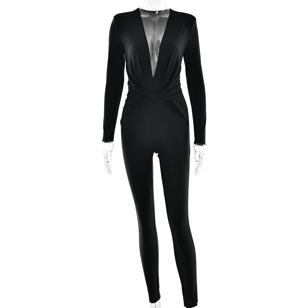 2025 New popular autumn and winter hot-selling sexy deep V-neck onesie new Spice Girl long-sleeved jumpsuit