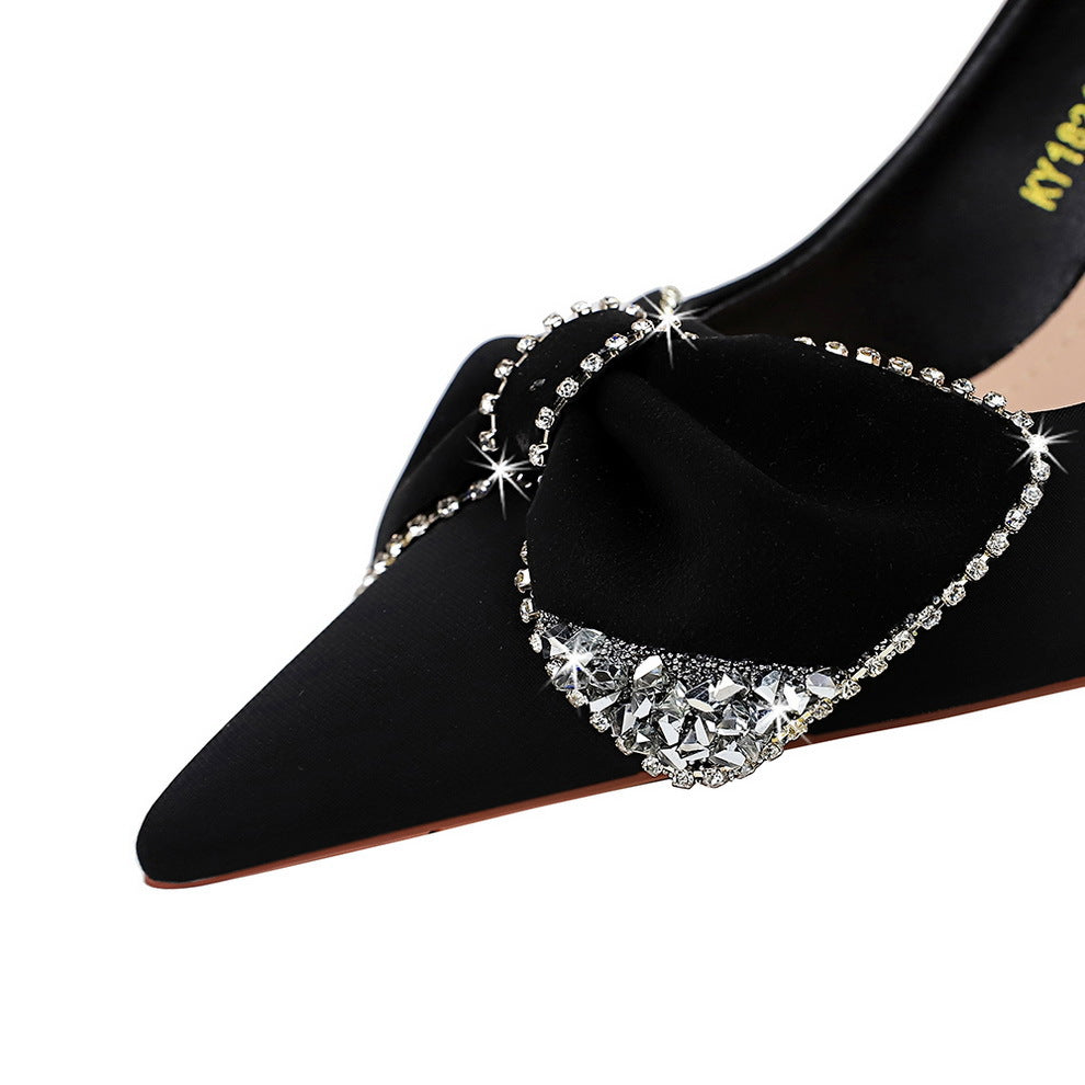 2025 18249-AH31 style fashion high heels thin heels banquet women's shoes shallow mouth pointed rhinestone bow single shoes
