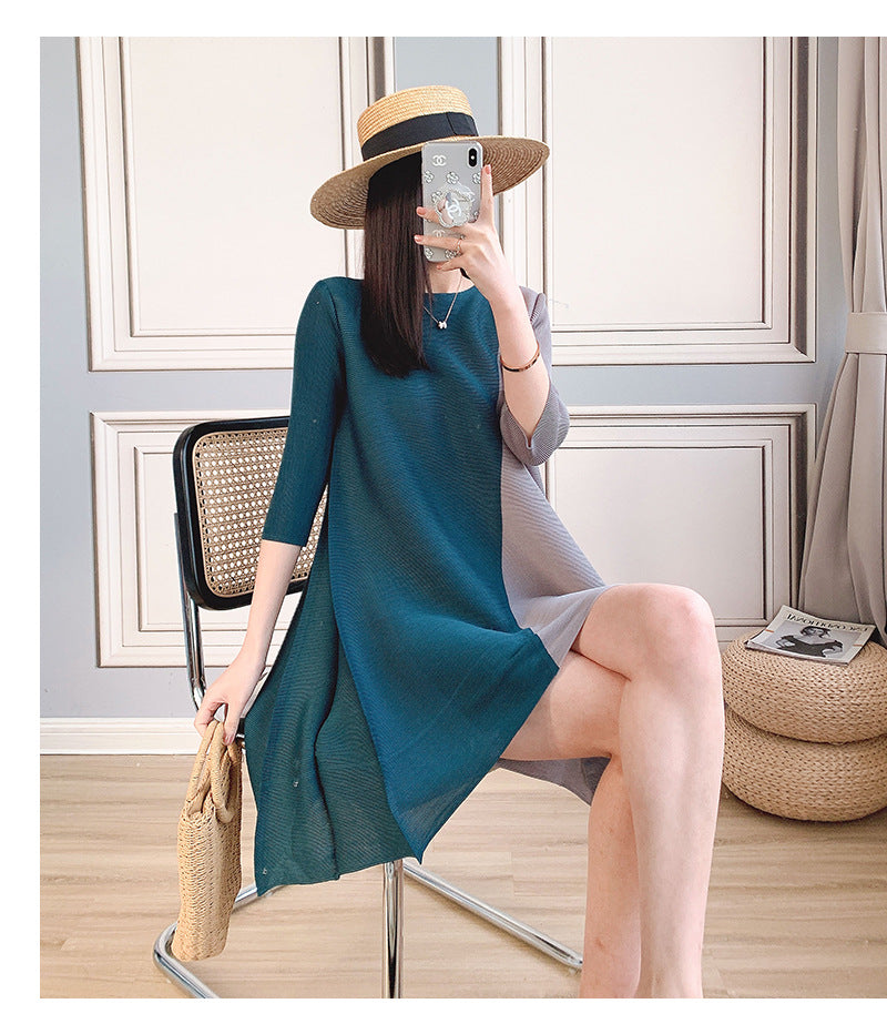 2025 women's clothing medium and long dress splicing temperament commuting loose contrasting color dress fat mm stomach A-word skirt Popular style