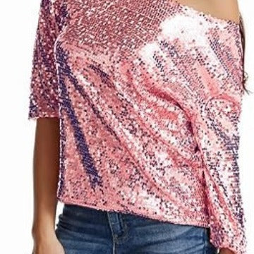 XAKXX 2025 new new loose sequin slanted shoulder short sleeve casual sequin deep V shirt