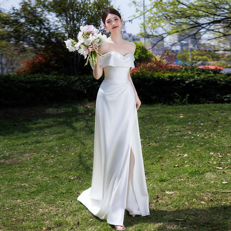 2025 one-word shoulder light wedding dress travel photography temperament simple satin white evening dress bride wedding welcome dress