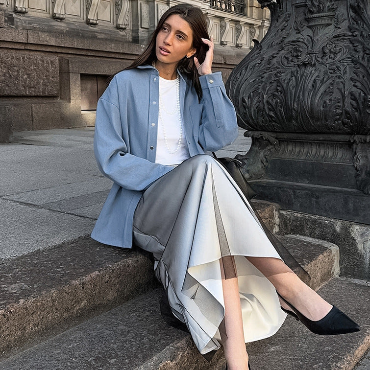XAKXX 20252025 pure cotton versatile high-end blue coat popular autumn and winter new niche simple lazy long-sleeved top