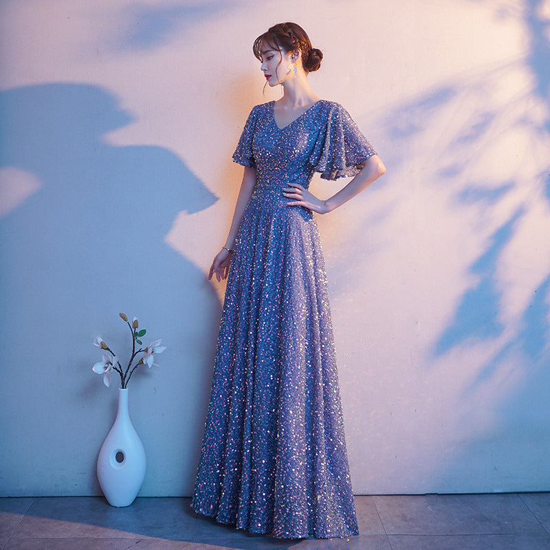 2025 Big choir performance costume popular new red song performance competition costume host thin evening dress woman