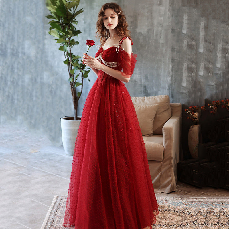 Burgundy host heavy industry light luxury toasting clothes nail beads annual meeting one-word shoulder model catwalk starry sky adult dress