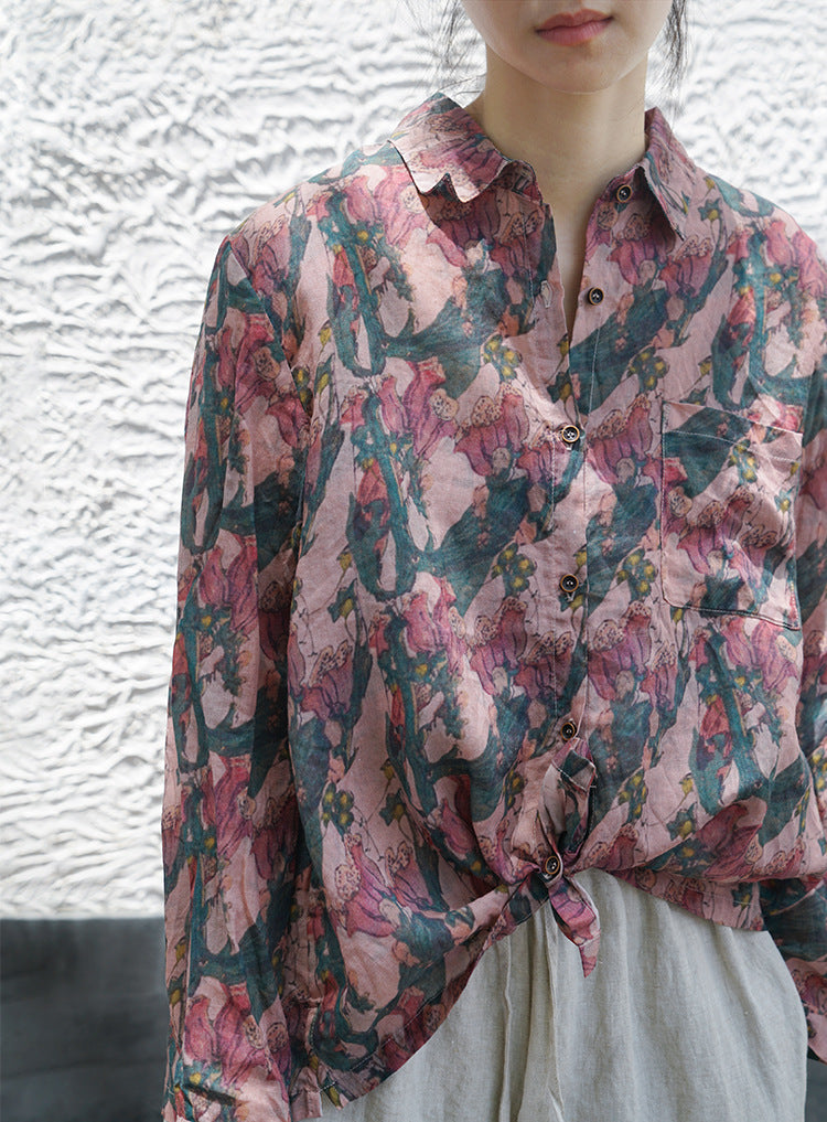 casual literary ramie printed versatile shirt, Wenqing trendy loose sunshade long-sleeved top S21041