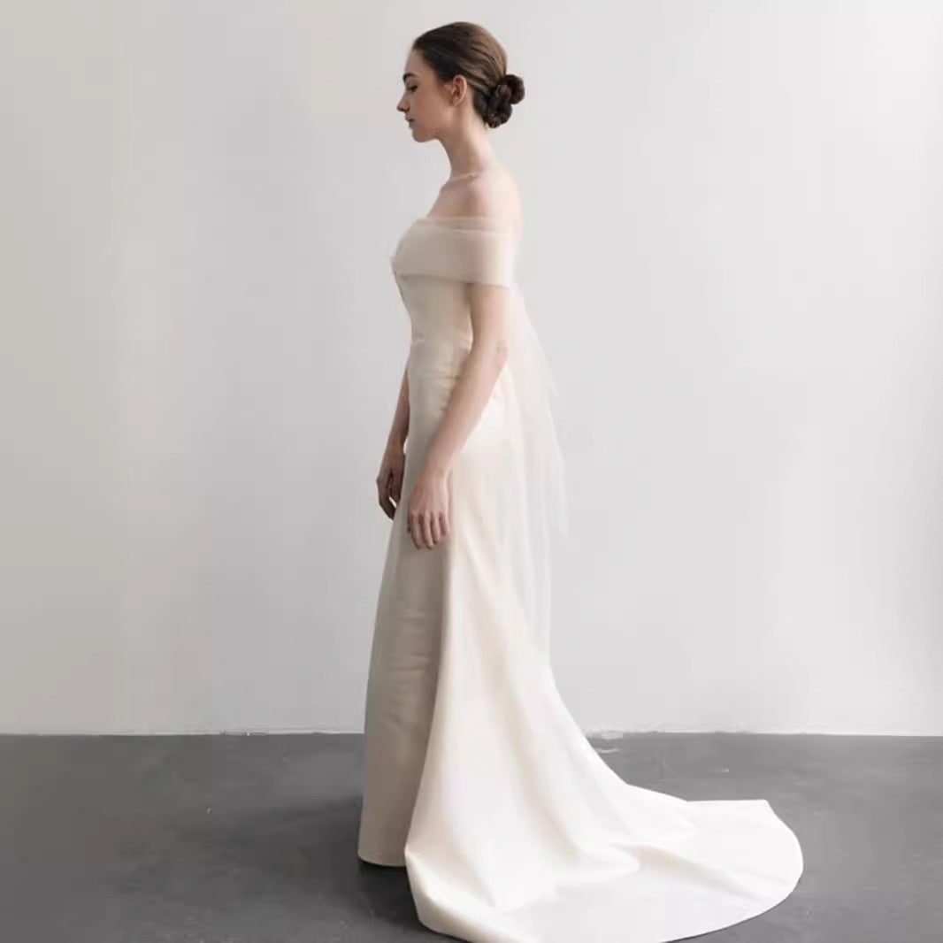 2025 one-word shoulder long-sleeved light wedding dress high-end pleated design bridal morning shot engagement dress slim fishtail dress