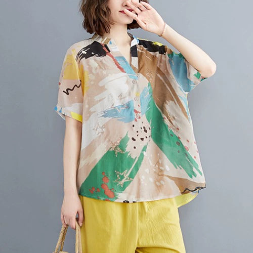 Age-reducing and thin suit, fashionable summer clothing, large-size women's clothing, loose-printed top, cotton and linen casual Harlan pants, two-piece set