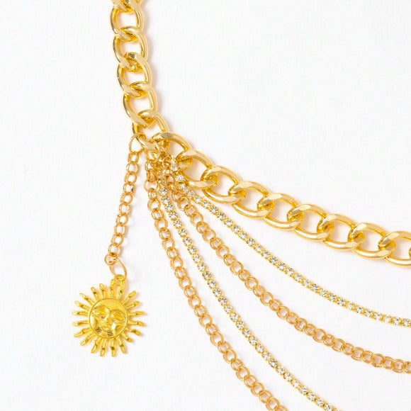 4565 Cross-border hot-selling new multi-layer wave fringed sun pendant chain waist chain exquisite metal chain waist chain belt