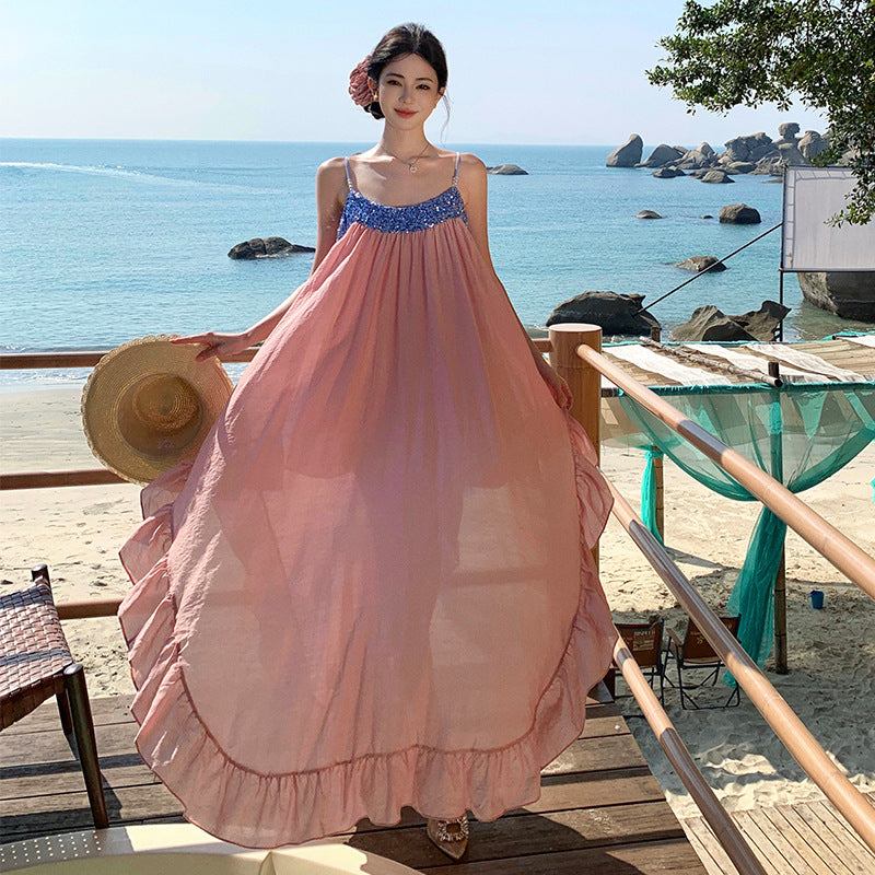 2025 Summer super fairy pink color matching seaside vacation dress niche design party birthday party toasting clothes
