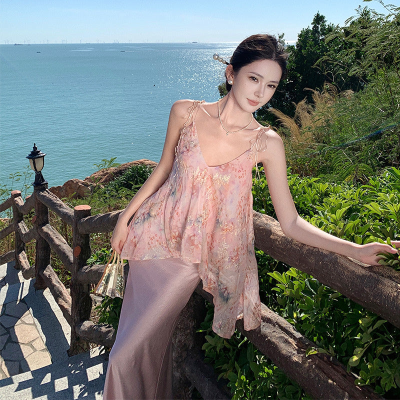 2025 New Chinese style suit, gentle temperament chiffon printed suspender top, satin hip skirt two-piece set