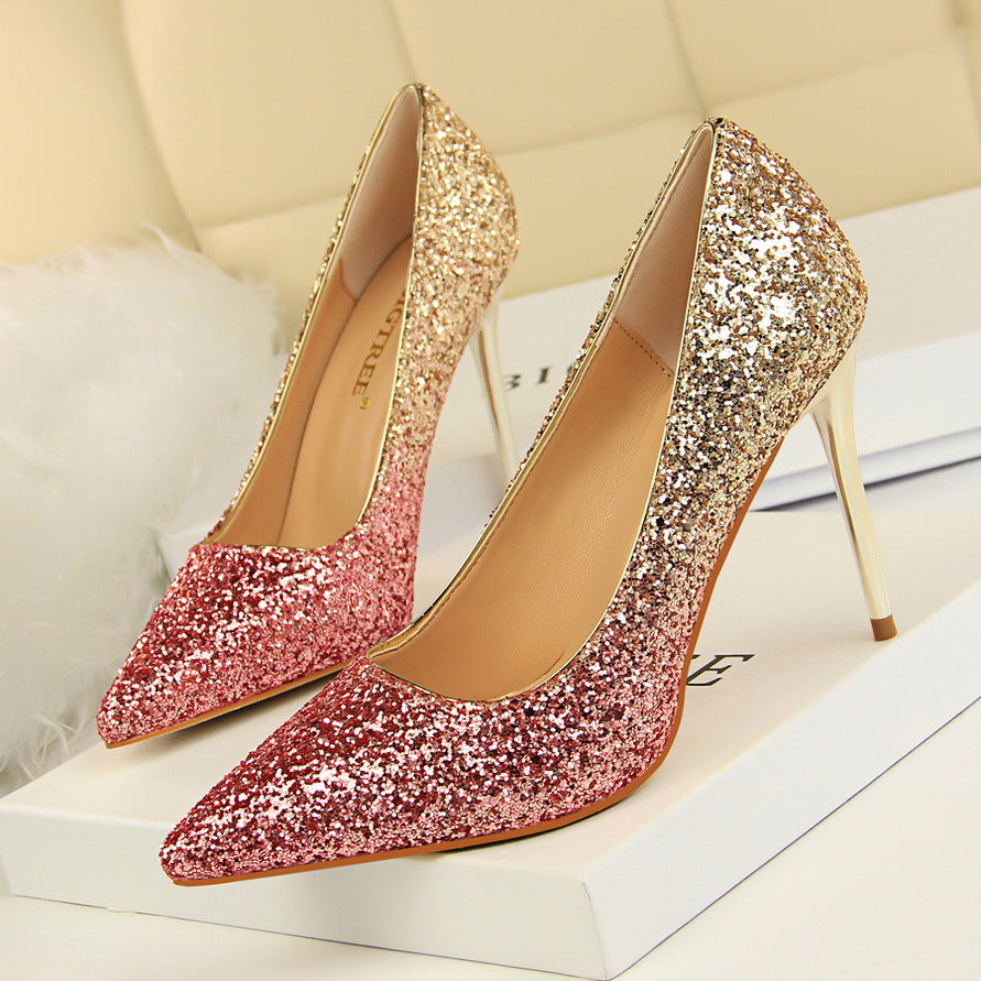 2025 9219-10 style women's shoes high heels light mouth pointed head sexy and thin nightclub color gradual change sequined single shoes