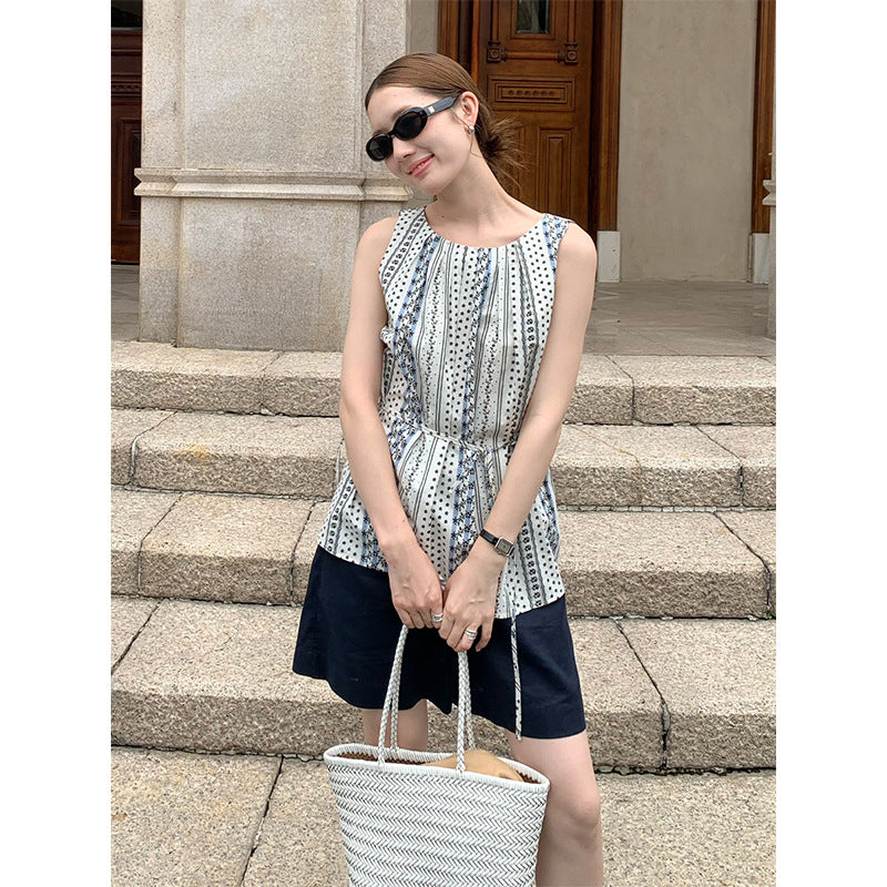 2025 floral striped lace-up shirt 2025 summer new beach vacation style loose top T5056X