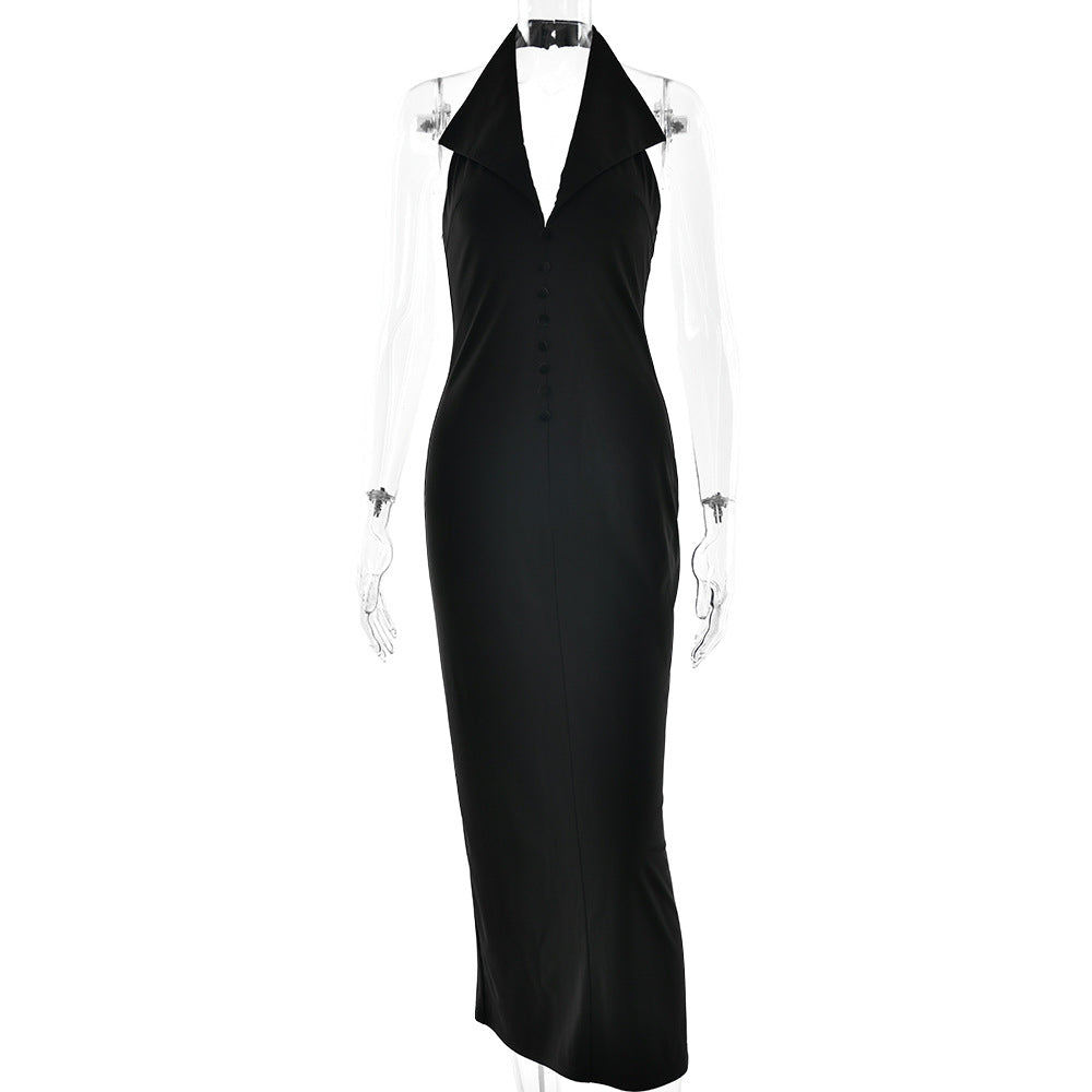 2025 New autumn new neck lapel hip-wrapped long dress fashionable and sexy sleeveless backless slim dress