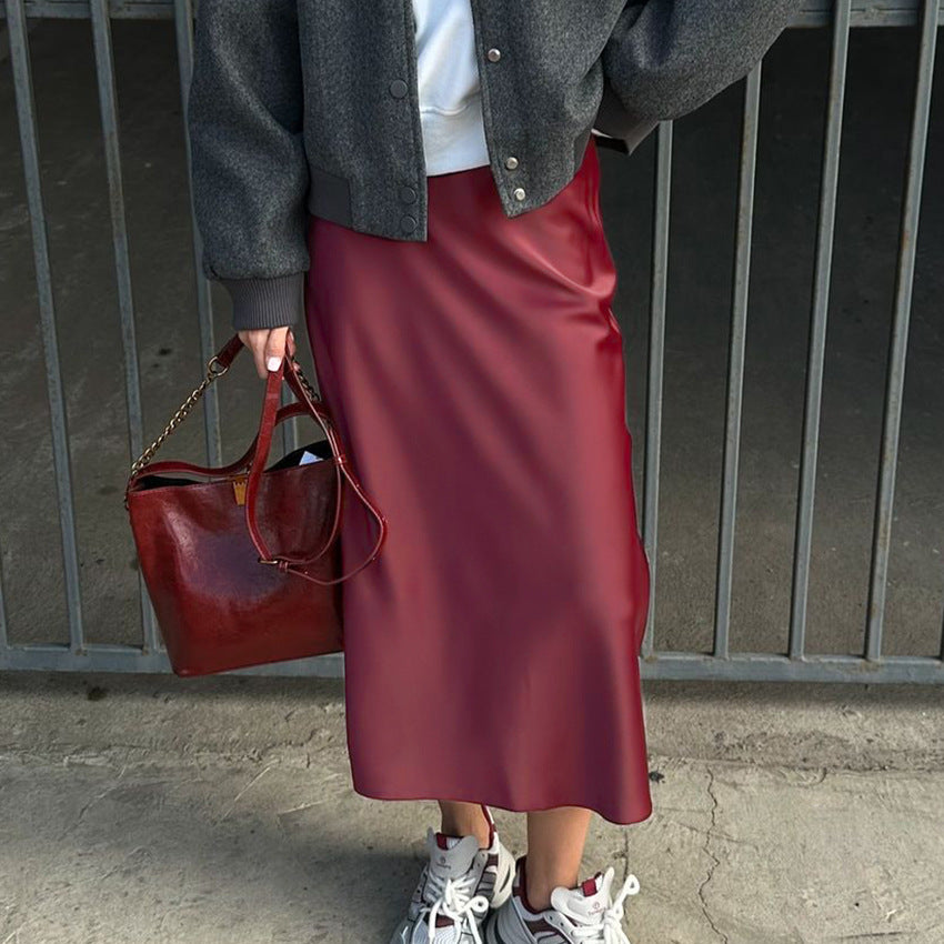 XAKXX Autumn and winter elegant burgundy premium thick matte satin high waist skirt versatile loose dress
