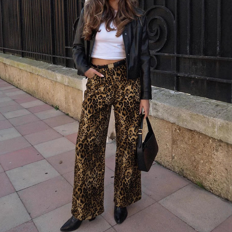 XAKXX 2025 early spring fashion new retro Spice Girls loose high waist leopard print casual pants 2025 cross-border wholesale trousers women