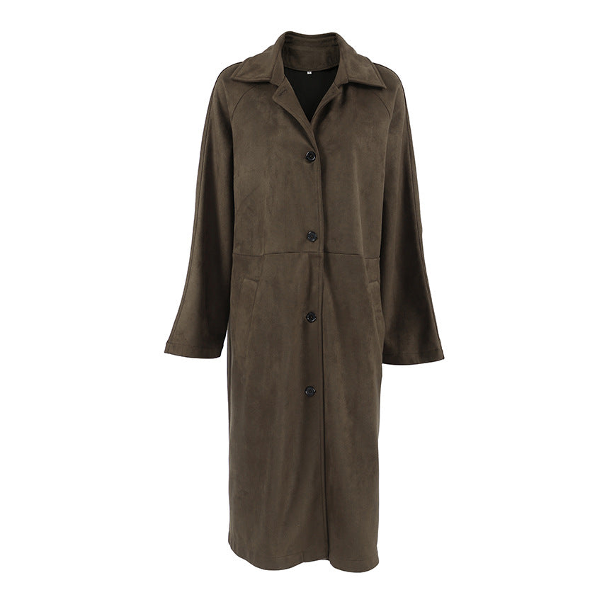 XAKXX 2025 spring and summer casual versatile retro classic brown long knitted suede long-sleeved tooling trench coat women