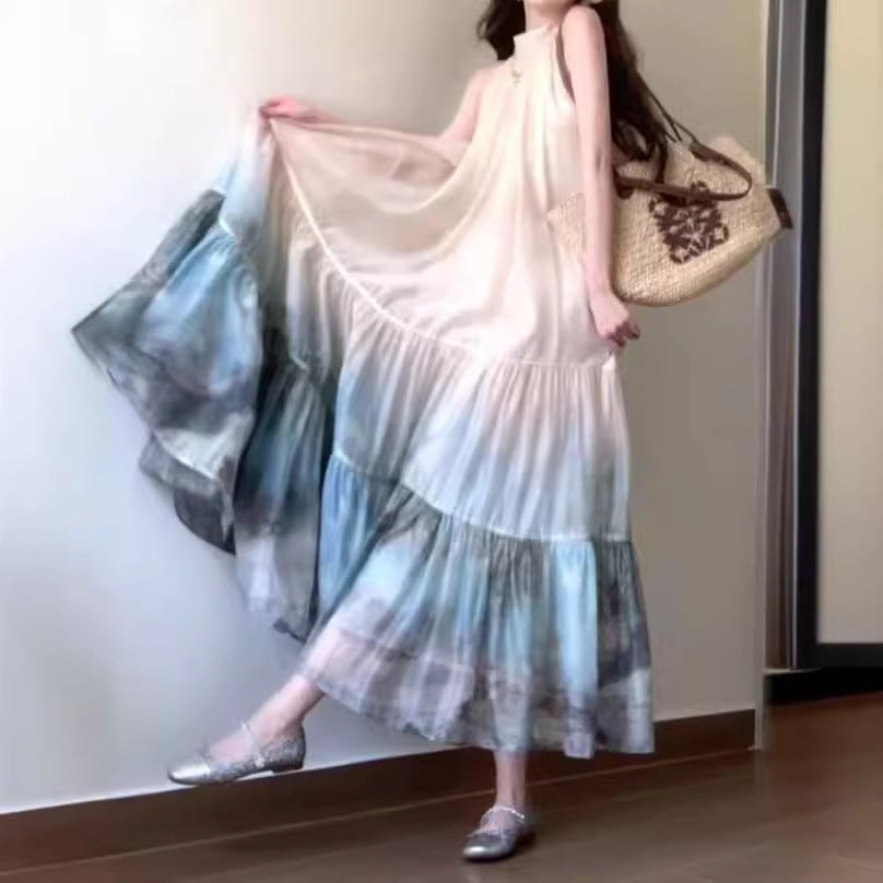 2025 New Chinese style smudge print dress summer neck super fairy long dress vacation pendulum fairy dress