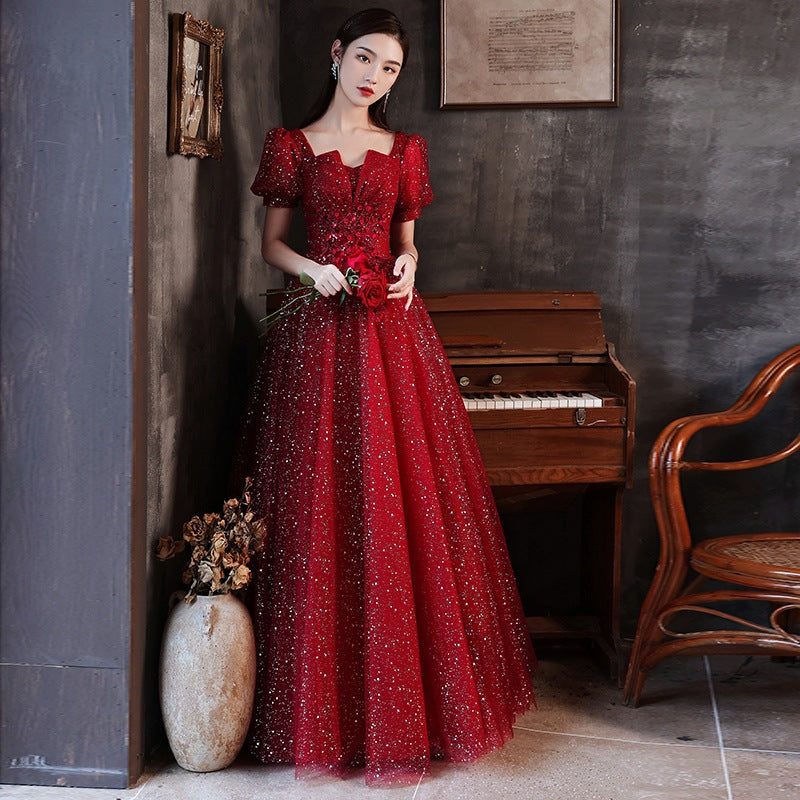 Burgundy toasting dress bride 2025 new spring New wedding return gauze skirt light luxury banquet evening dress