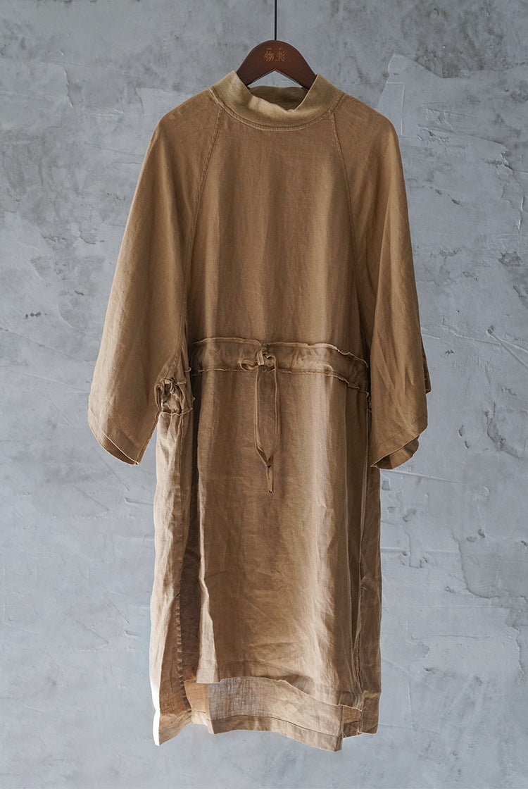 casual literary linen loose drawstring dress, light sports zen wide-sleeved linen robe L21072
