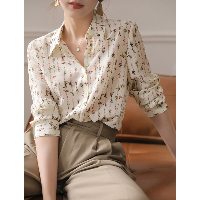 2025 Silk shirt women's summer new printed long-sleeved mulberry silk shirt, loose Popular versatile top