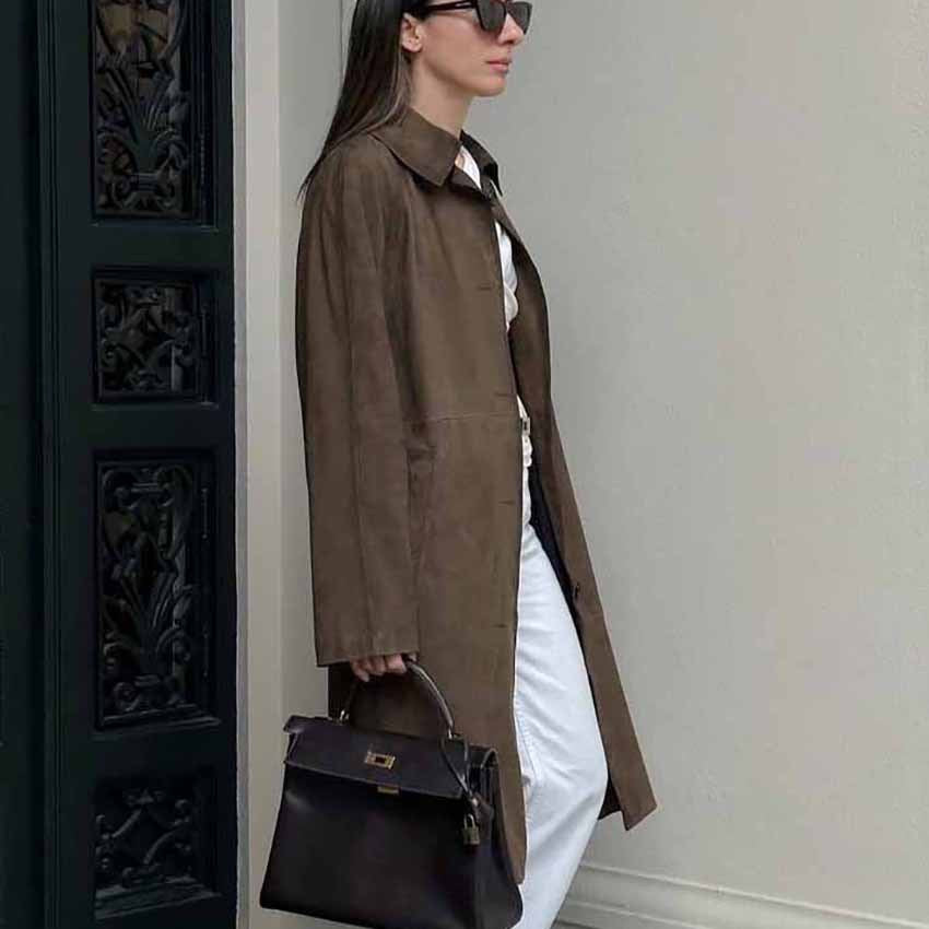 XAKXX 2025 spring and summer casual versatile retro classic brown long knitted suede long-sleeved tooling trench coat women
