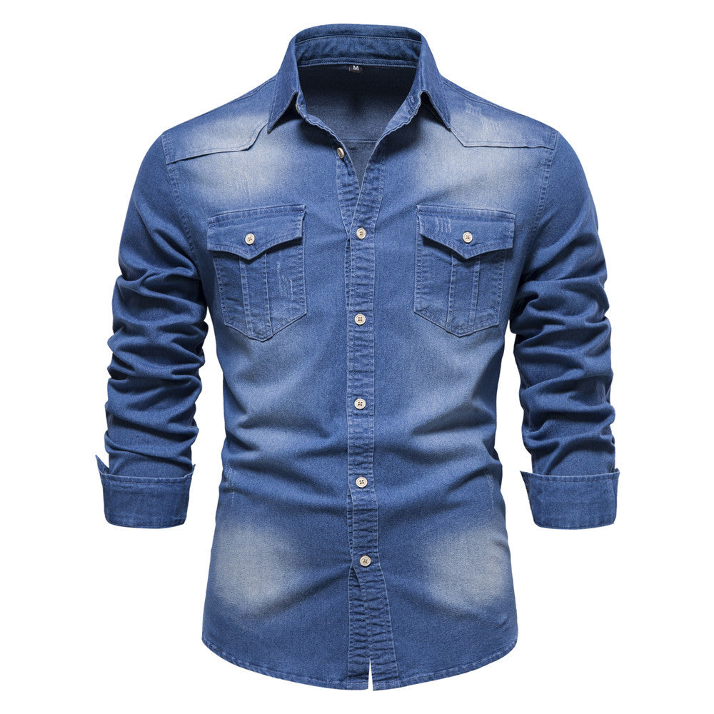 XAKXX 2025 popular Popular trade New explosion men's beautiful size denim shirt men's casual solid color men's denim long-sleeved shirt